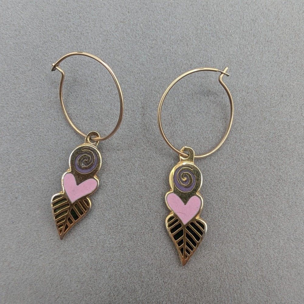 JB Gold Tone Hoop Earrings Pink Heart Purple Spiral Leaf Enamel‎ Drop Dangle